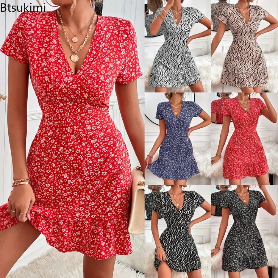 Novo 2025 feminino floral impressão vestido de manga curta sexy com decote em v a linha flowy clube vestido de festa elegante meninas vestido de mujer