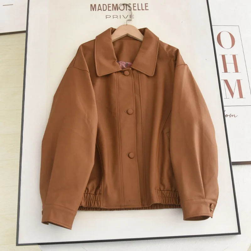 カジュアルスレスイートクールスレシンプルマッチカジュアルスリミングPUレザージャケットコート女性用秋新作