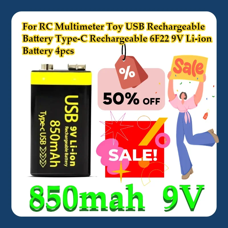 For RC Multimeter Toy USB 9V Rechargeable Battery 850mAh Type-C Rechargeable 6F22 9V Li-ion Battery 4pcs