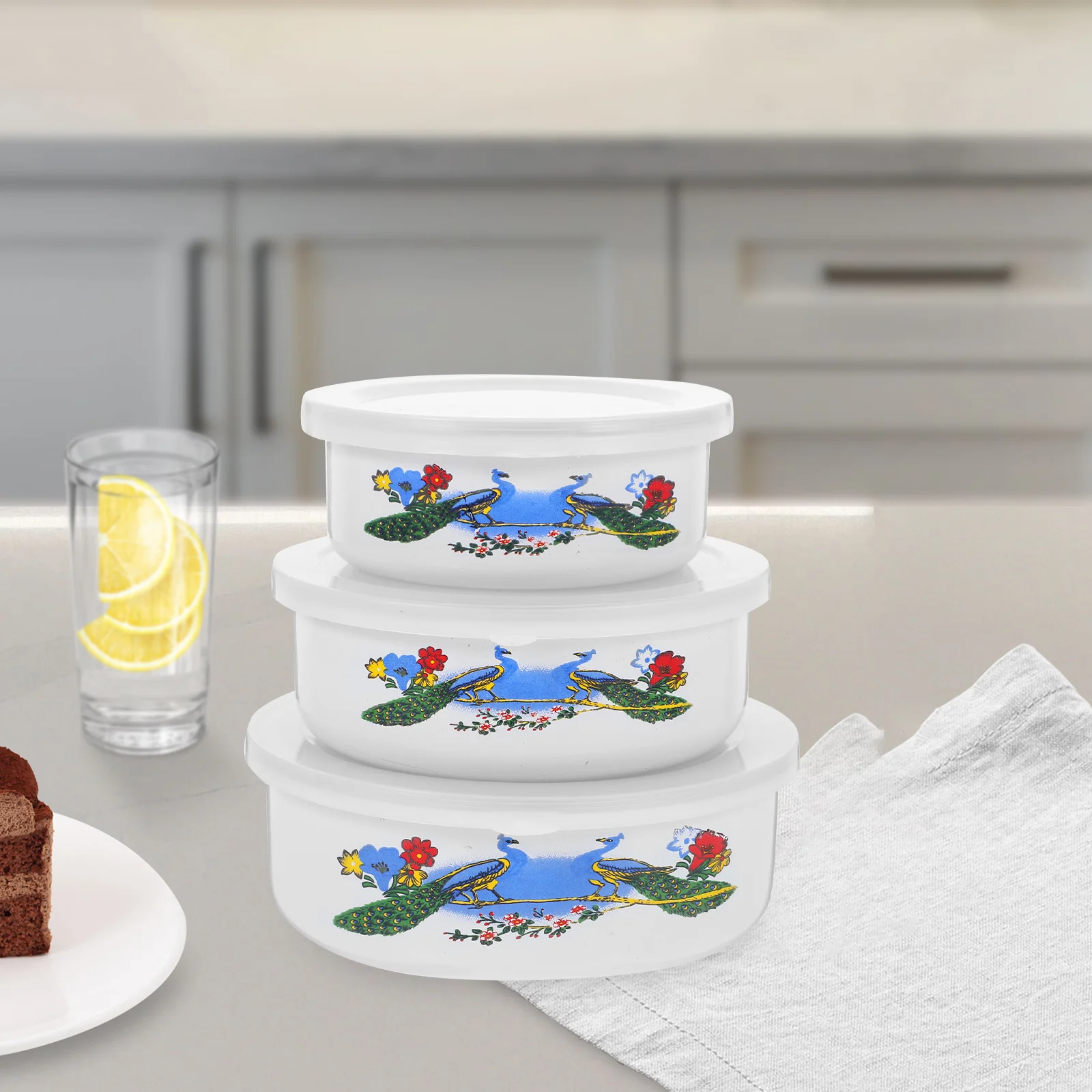 

3pcs Enamel Vintage Salad Bowls Noodle Storage Food Serving Bowl Office Worker Lunch Bowl Portable Bento Box Refrigerator