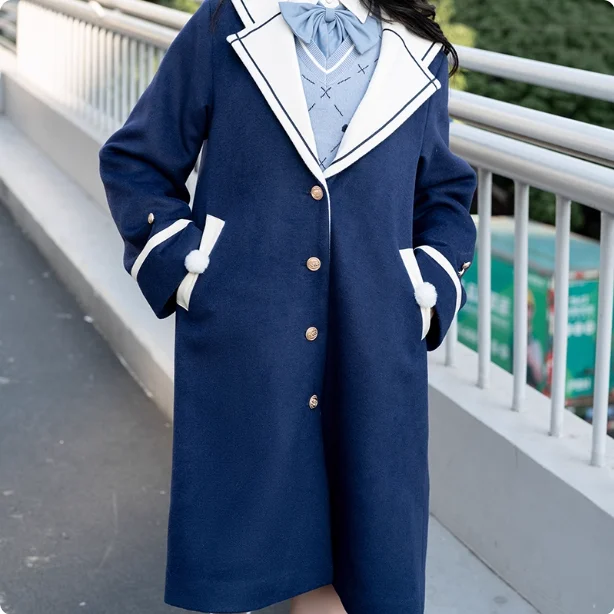 Female Autumn Winter Sailor Collar College Jk Uniform Woolen Coat Fashion Versatile Age Reduction Cute Medium Long Sweet Coats