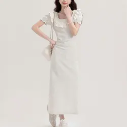 Women's Clothing Elegant Bag Hip Dresses Solid Color Summer French Style Lace Ruffles Slim Folds Chic Square Collar Long Dress