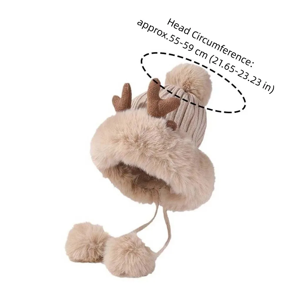 Winter-Strickmütze, Verdickte Hirschgeweih-Beanie, Winddichte Thermische Ohrenschutzkappe, Weiche Gerippte Warme Ohrenklappenmütze für Jugendliche – Detail 1