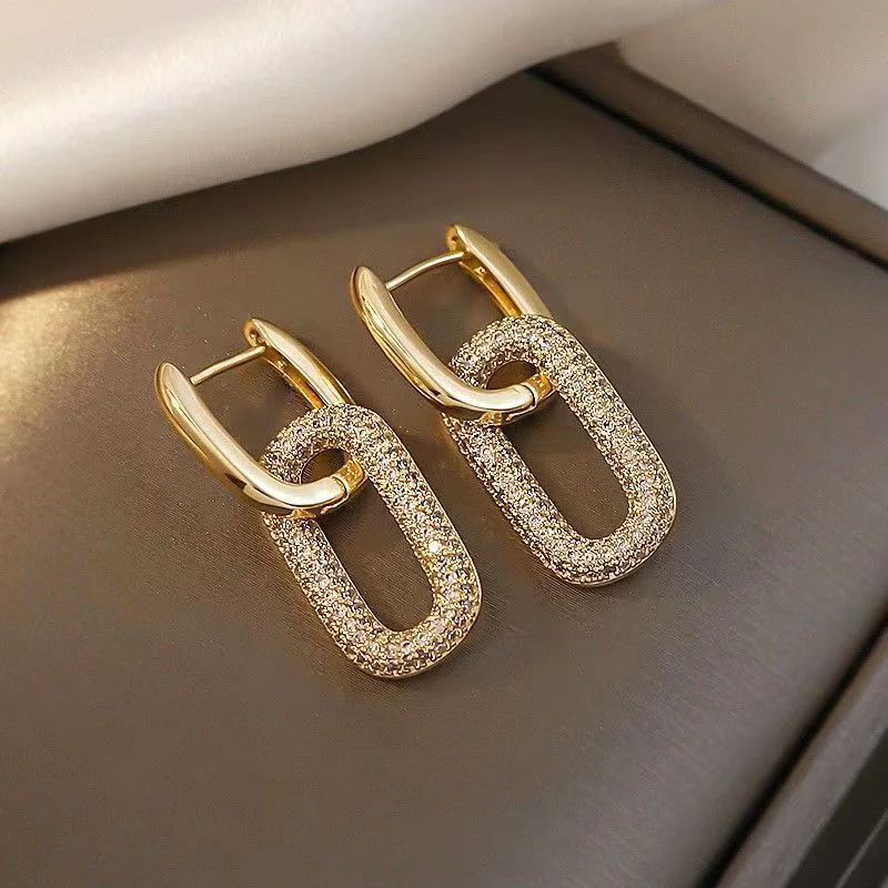 Gold Color Geometric Oval Rectangle Hoop Earrings For Women Zircon Wedding Jewelry Elegant Female Dangle Earings e1260