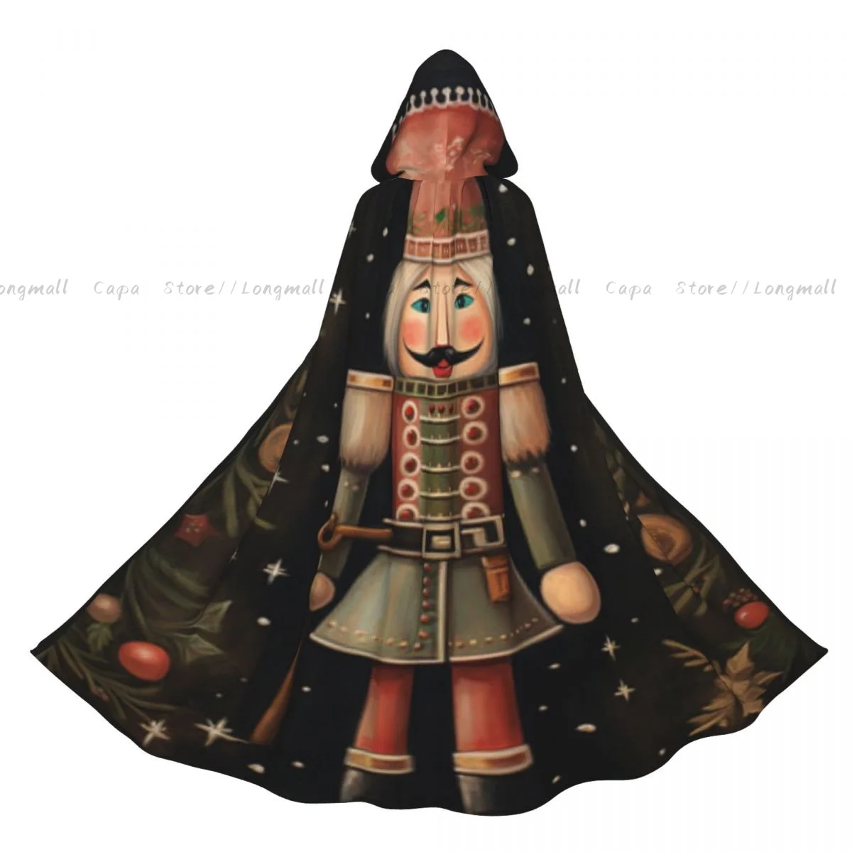 Nutcracker Soldier Figurine Whimsical Christmas Print Cloak Hooded Cosplay Costume Halloween Adult Long Party Cape