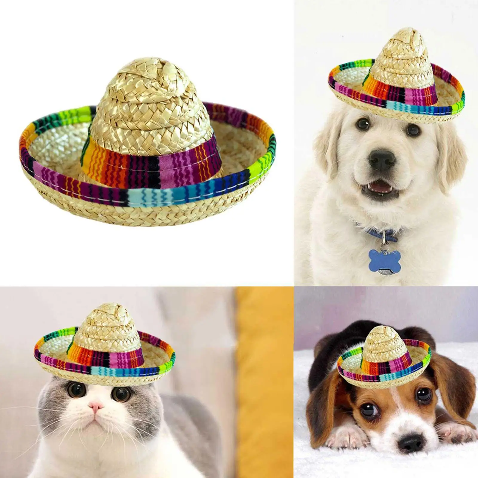 มินิเครื่องแต่งกายสุนัข Sombrero สัตว์เลี้ยงหมวกสัตว์เลี้ยงหมวกสุนัขเม็กซิกันฟางที่มีสีสัน Sombrero เครื่องประดับสัตว์เลี้ยงฟาง Z5b0