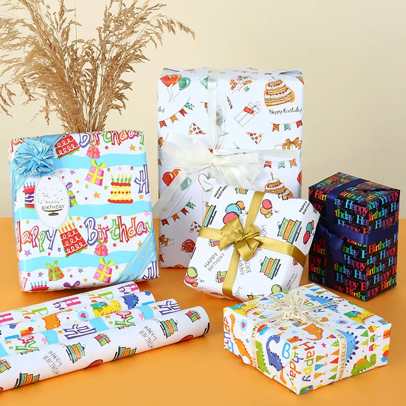 5 Pcs Colorful 50x70cm Per Roll Happy Birthday Wrapping Paper Sheet Packaging for Kids Holiday Gift Wrap Craft Paper Decor Gifts