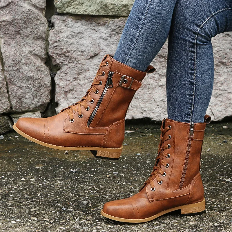 Retro Women's Boots Round Toe Womens Mid Calf Boots Large Size Zip Motorcycle Boots Low Heel Women Shoes Trend New
