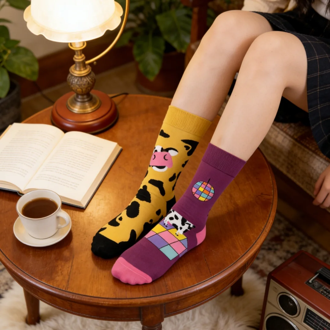 1 par de calcetines a media pantorrilla con diseño de vaca bailarina, diseños AB, adecuados para todas las estaciones.