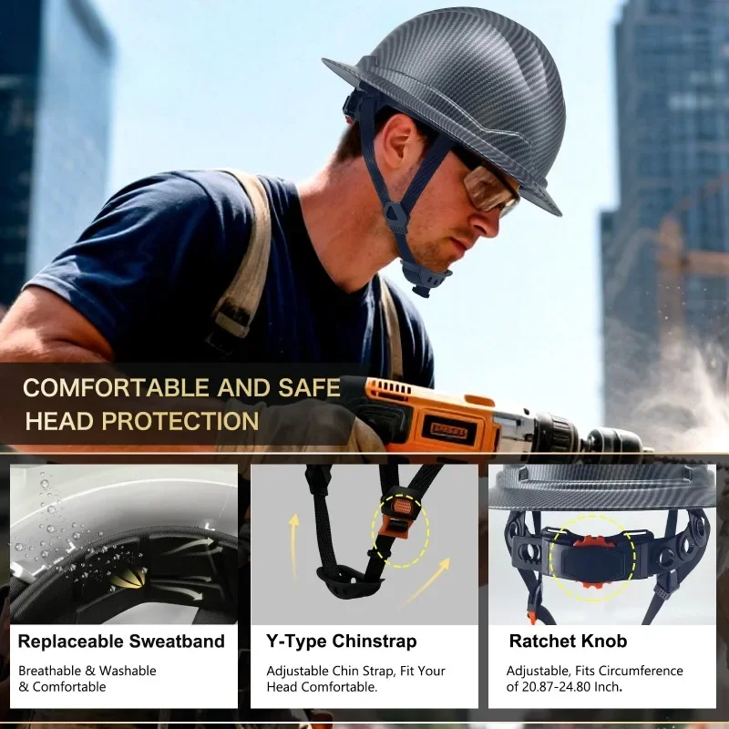 

Safety Helmet Full Brim Hard Hat Carbon Fiber Construction Work Cap Lightweight High Strength Railway ABS Protective Hard Hat