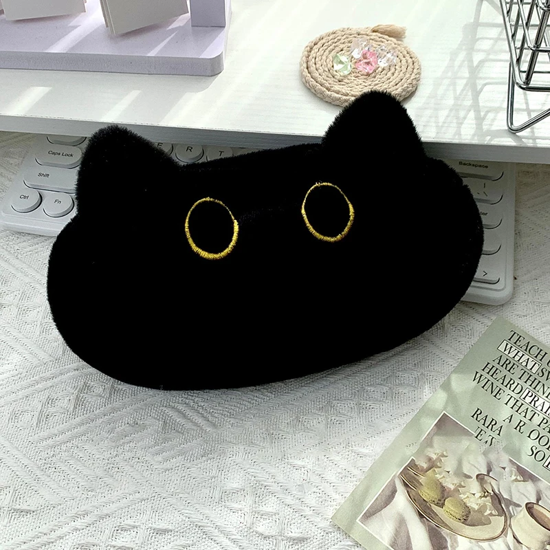 Simplicity Black Plush Cat Pencil Case Pencil Bag High Capacity Stationery School Student Storage Bag Cosmetic Storage Bag