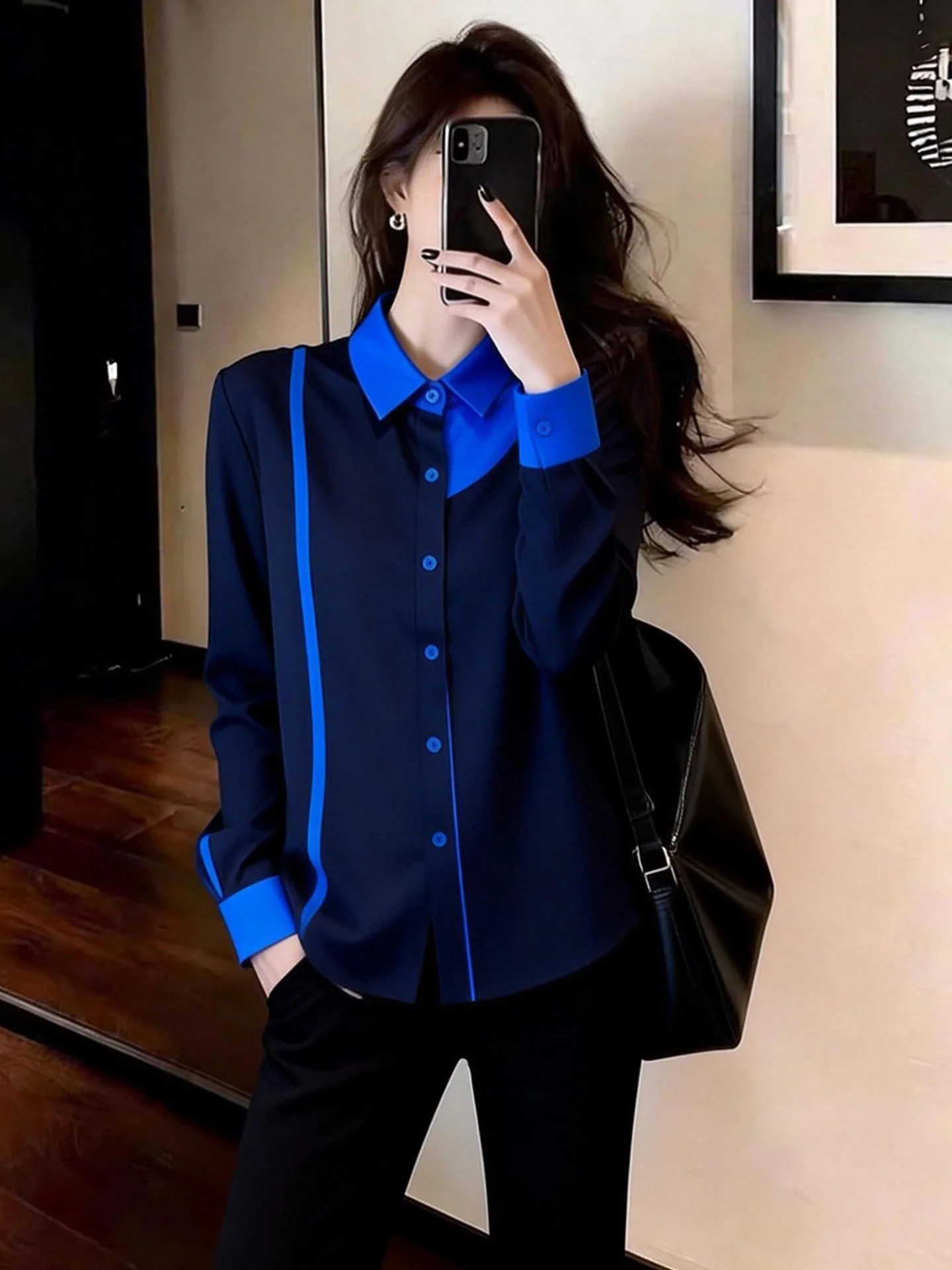 

Модная женская рубашка с воротником и одной пуговицей, дизайн с цветовыми блоками, весенний сезон, корейский стиль, прямой крой, шелковый топ