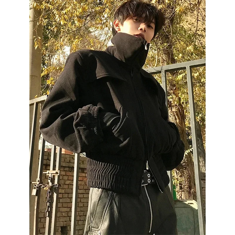 Techwear Bomber Jacket for Men Cleanfit Cropped Baseball Jacket Coats Male Zipper Shoulder Pad Turtleneck Streetwear