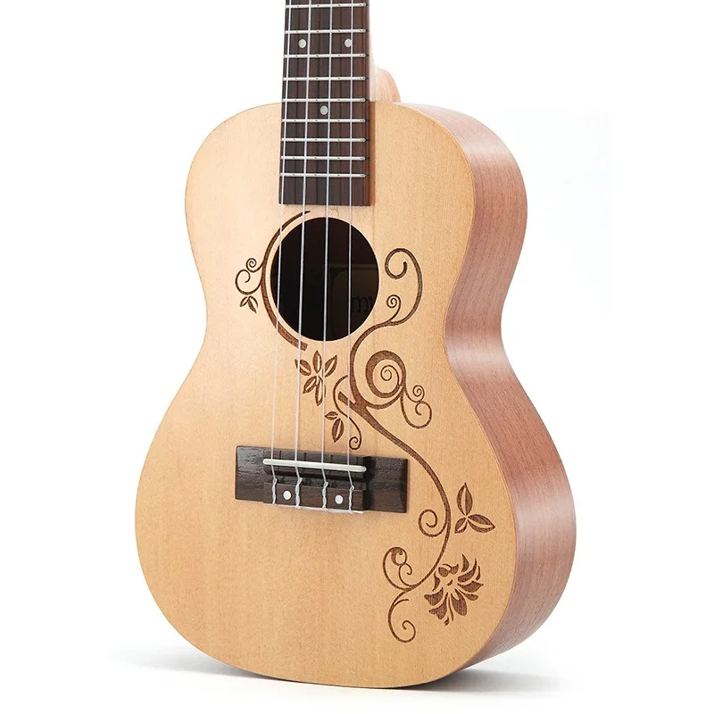 23 Inch Concert Ukulele Spruce Plywood Vine Floral Engraved Soundhole 4 String Mini Hawaiian Guitar Ukelele Musical Instrument