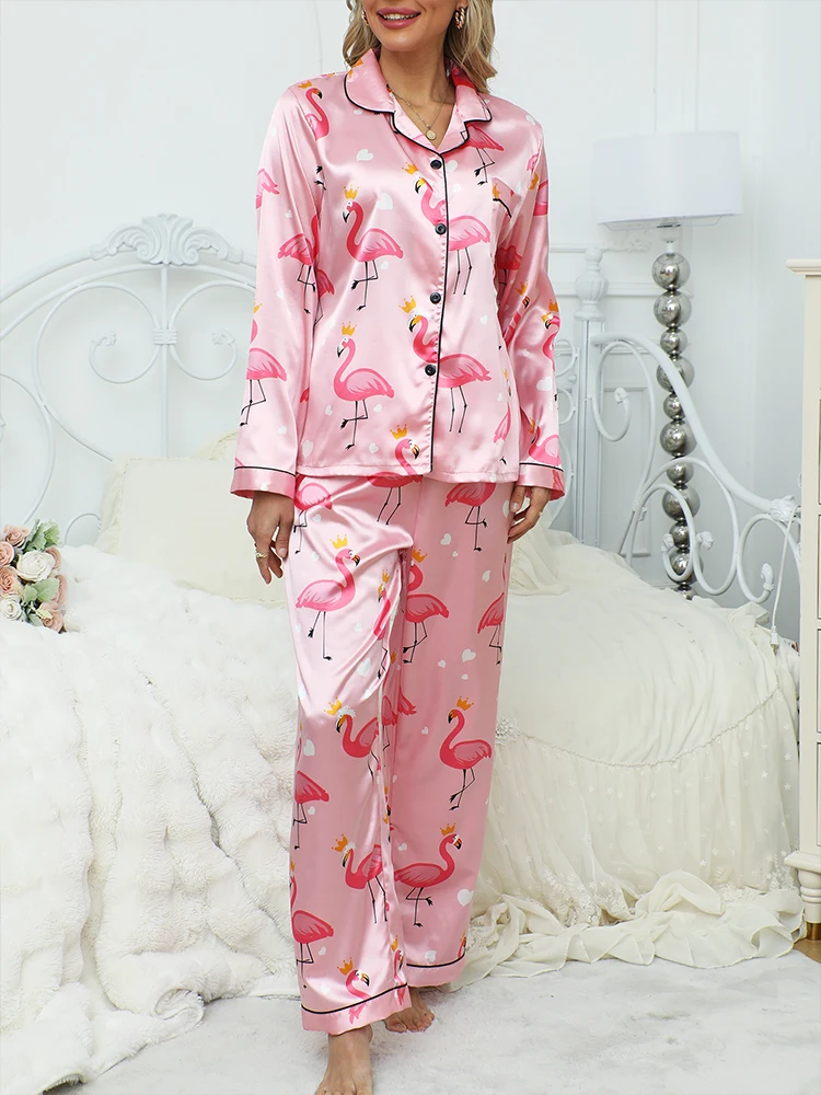 New Spring Pajamas Set Women Satin Silk Sleepwear Long Sleeved Flamingo Printed Lapel Pyjamas Female Loungewear Home Chothes