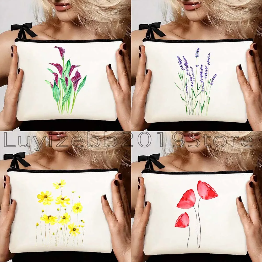 Bird of Paradise Flowers Yellow Cosmos Lily Peach Coneflower African Violet Lavender Gift Canvas Cosmetic Makeup Bag Case Pouch