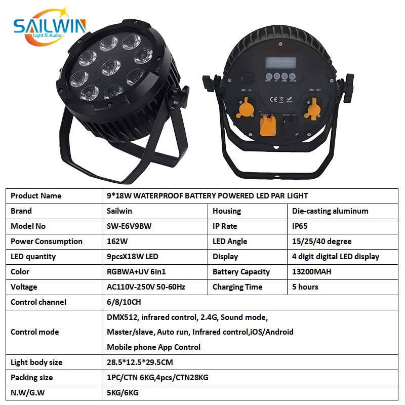 Sailwin الاتحاد الأوروبي الولايات المتحدة الأمريكية الأسهم 9X18 واط RGBAW الأشعة فوق البنفسجية بطارية لاسلكية تعمل بالطاقة LED الاسمية يمكن في الهواء الطلق إضاءة مقاومة للماء أضواء للمسرح مع جهاز التحكم عن بعد