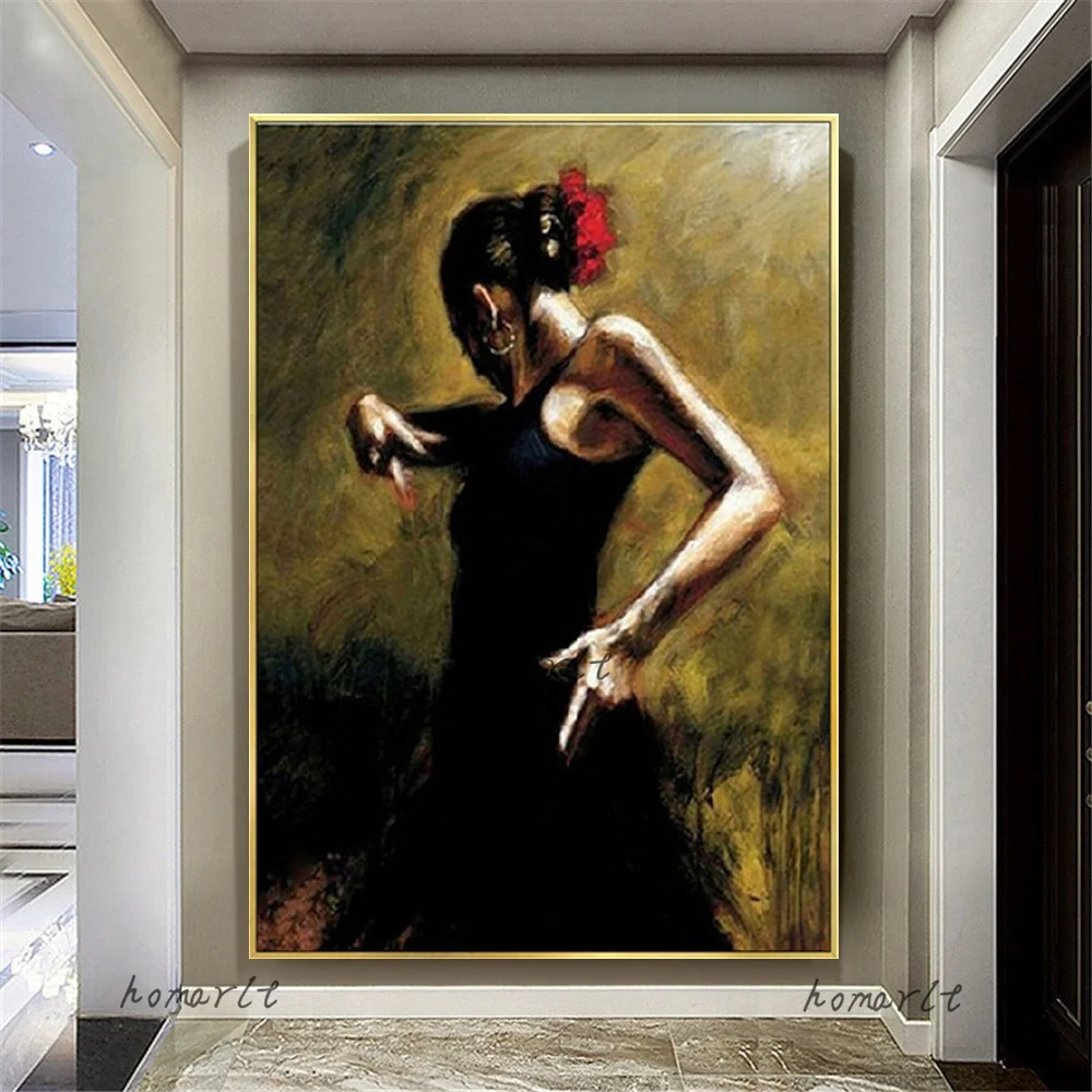 Handpainted Black Dancer Oil Painting - Mexican Girl Artwork for Hotel Bar Wall Decor Cheap Canvas Figure