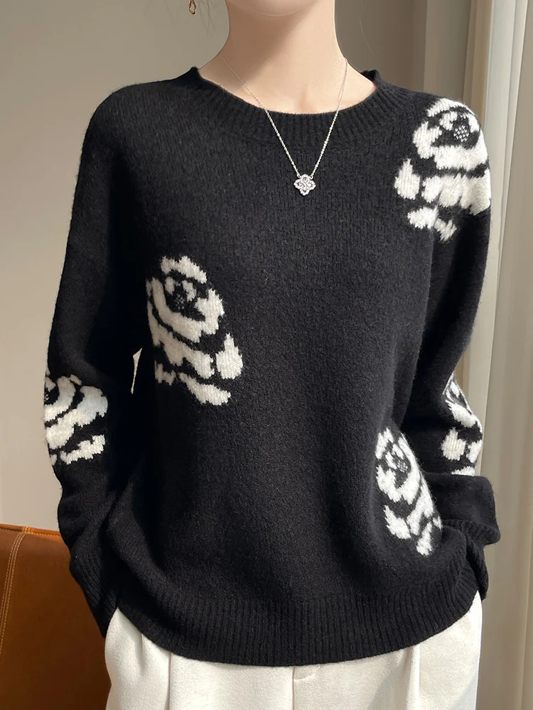 25 Autumn/Winter New Round Neck Jacquard 100% Wool Knitted Long Sleeve Loose and Versatile Western Style Top T-shirt for Women