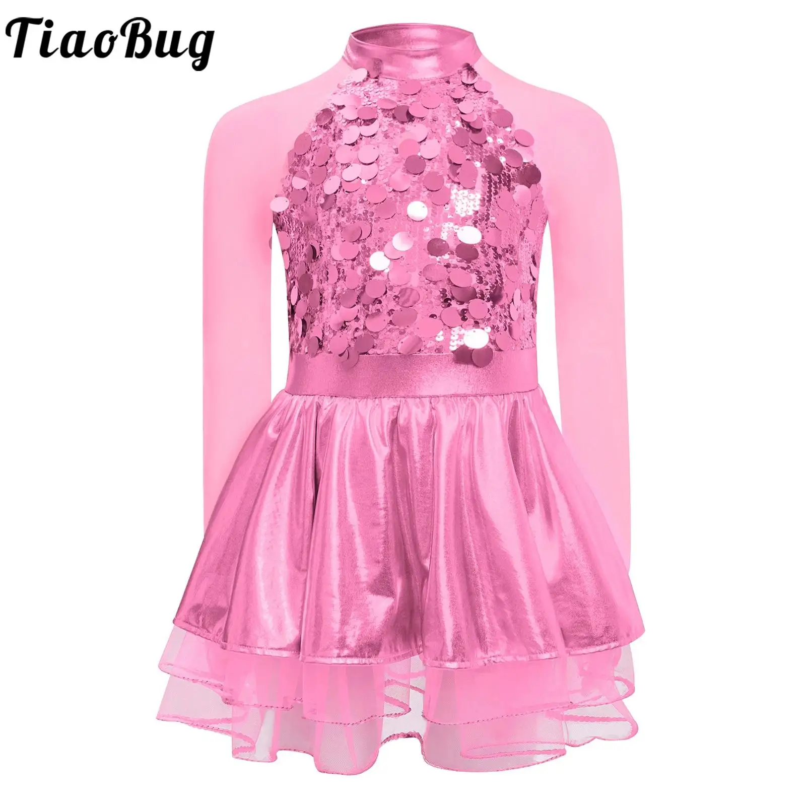 

Kids Girls Sparkly Sequins Metallic Tutu Dress Modern Ballet Dance Performance Costume Mesh Long Sleeves Leotards Jazz Dress