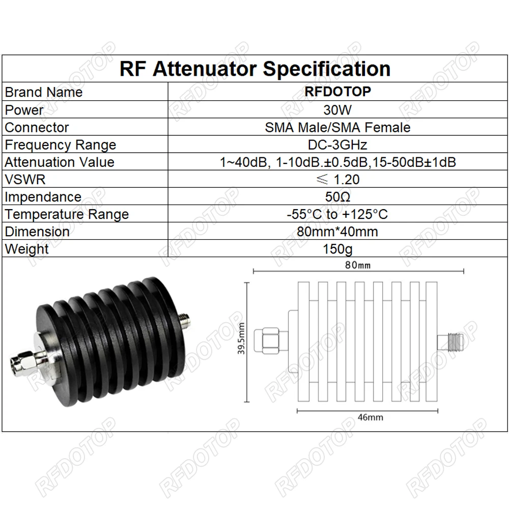 30W DC-3.0GHz SMA Erkek - SMA Dişi RF Zayıflatıcı 1 ~ 50dB Zayıflatıcı SMA Sabit Konnektörler 304 Paslanmaz Çelik 50 Ohm