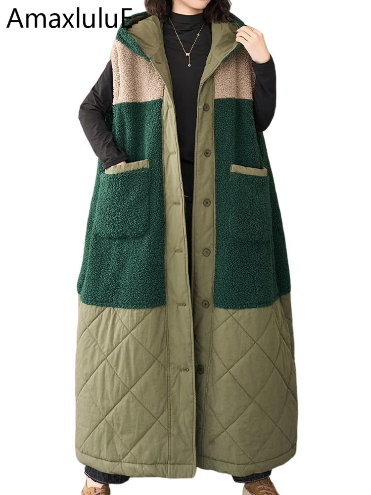 

Amax LuluE 2025 Winter Long Sleeveless Parkas Womens Fashion Hooded Quilted Fur Vest Coats Ladies Casual Warm Thicken Waistcoats