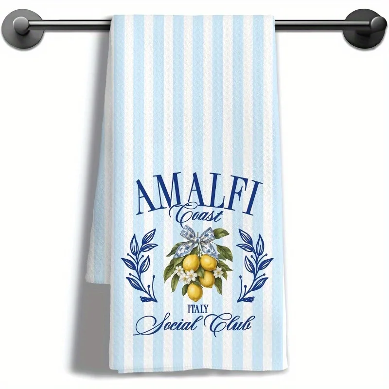 1pc Amalfi Coast Lemon Striped Kitchen Towel, Soft Absorbent Hand Towel, Perfect for Bathroom, Kitchen, Italian Coastal Decor,
