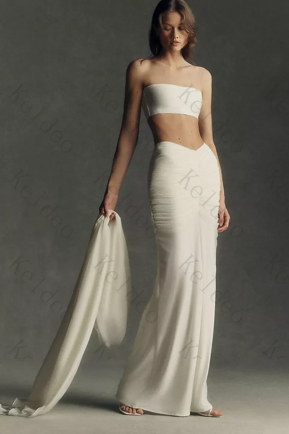 Customized Sexy Two‑Piece Mermaid Wedding Dresses Strapless Crop Ruched Detachable Sheer High Neck Cape Floor‑Length Bridal Gown