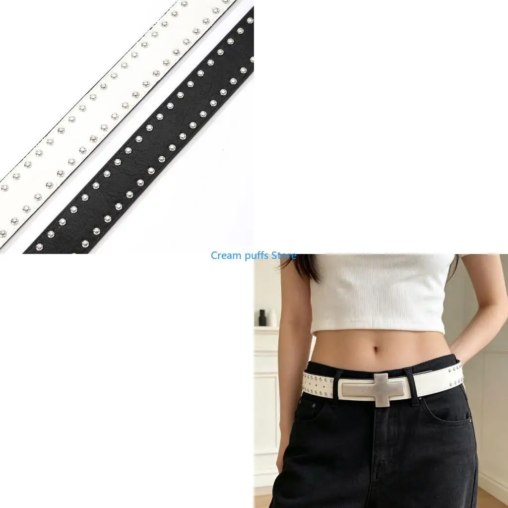 50LE Daily Outfit Styling Belt with Front Hardware Detail, Studded Trim, and Adjustable 105 Wear for Party Looks