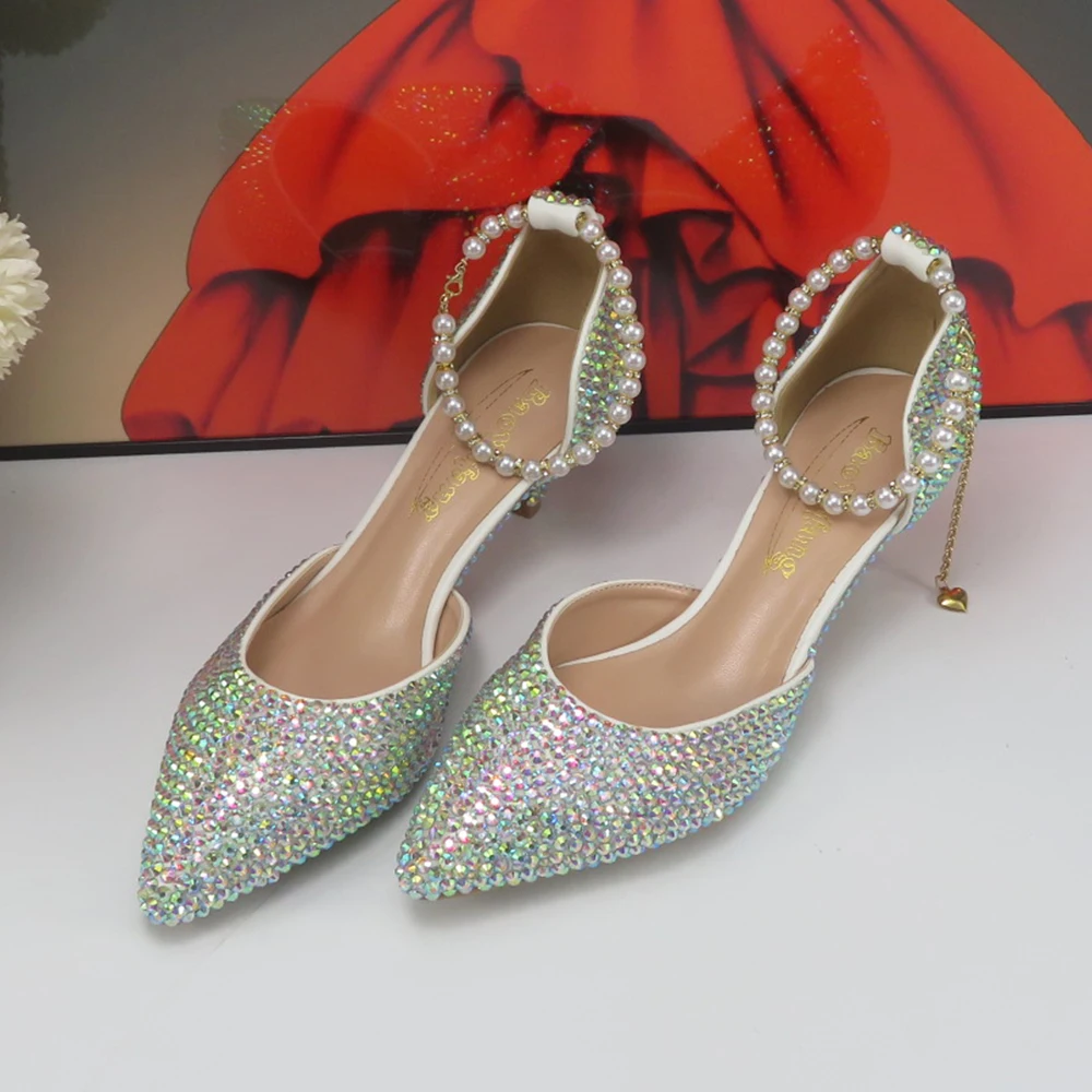 ¡Novedad de 2024! Zapatos de boda AB con diamantes de imitación y punta estrecha con perlas, zapatos de mujer poco profundos con correa en el tobillo y tacón fino