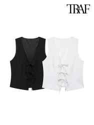 TRAF-Women's V-Neck Sleeveless Vest Tops, Solid Waistcoat, Female Outerwear, Chic Tops, Fashion