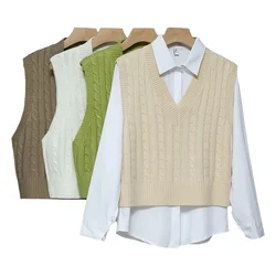 2023 Autumn Sweater Vest Women's Solid Knitted Vest Korean Style Student V-neck Pullover Loose Casual Knitting Tops Outerwear