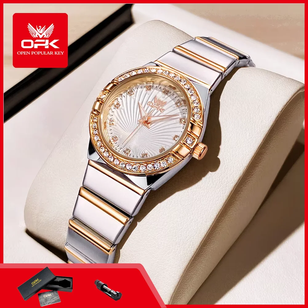 

OPK 6042 Quartz Watch for Women Elegant Fashion Stainless Steel Strap Waterproof Luminous Diamond Dial Ladies Dress Wristwatches