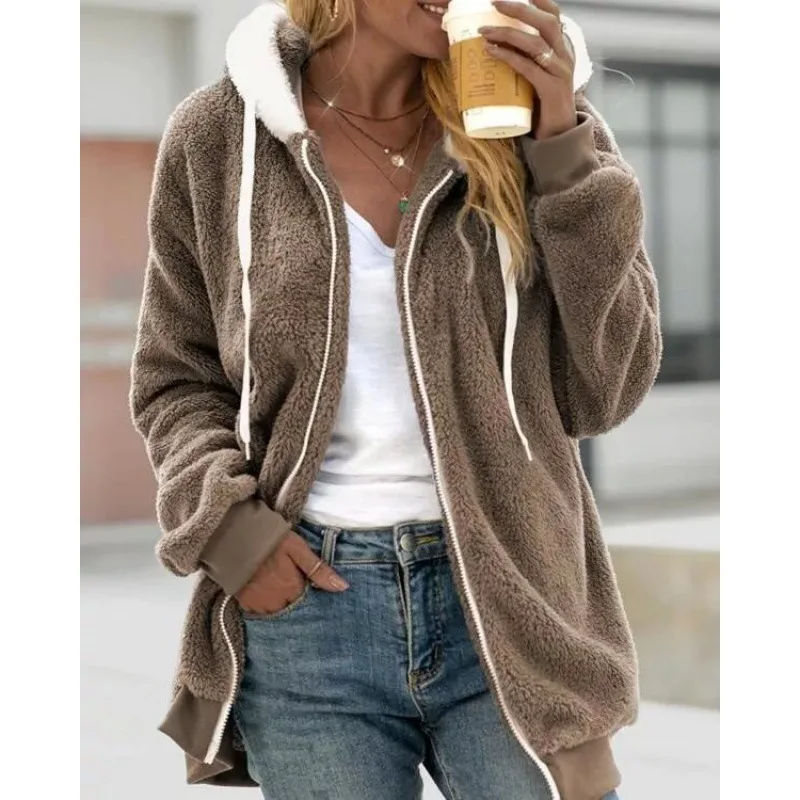 

Hot Selling New Autumn and Winter Loose Plush Zipper Hooded Coat for Women's Casual Jacket