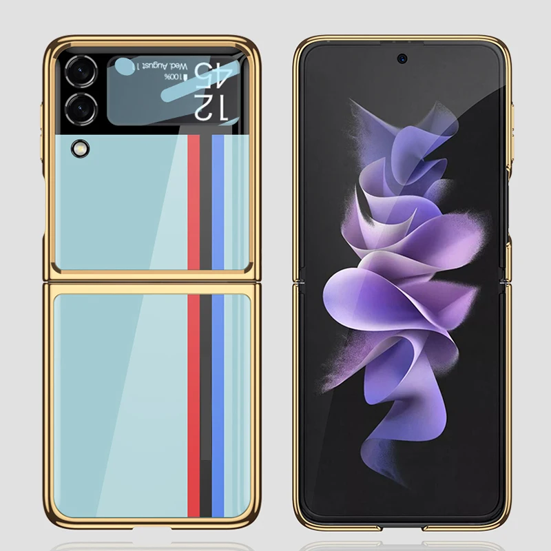 Painted Tempered Glass Hard Case For Samsung Galaxy Z Flip 4 Screen Glass Protective Plating Cover For Galaxy Z Flip 5 4 3 Cases