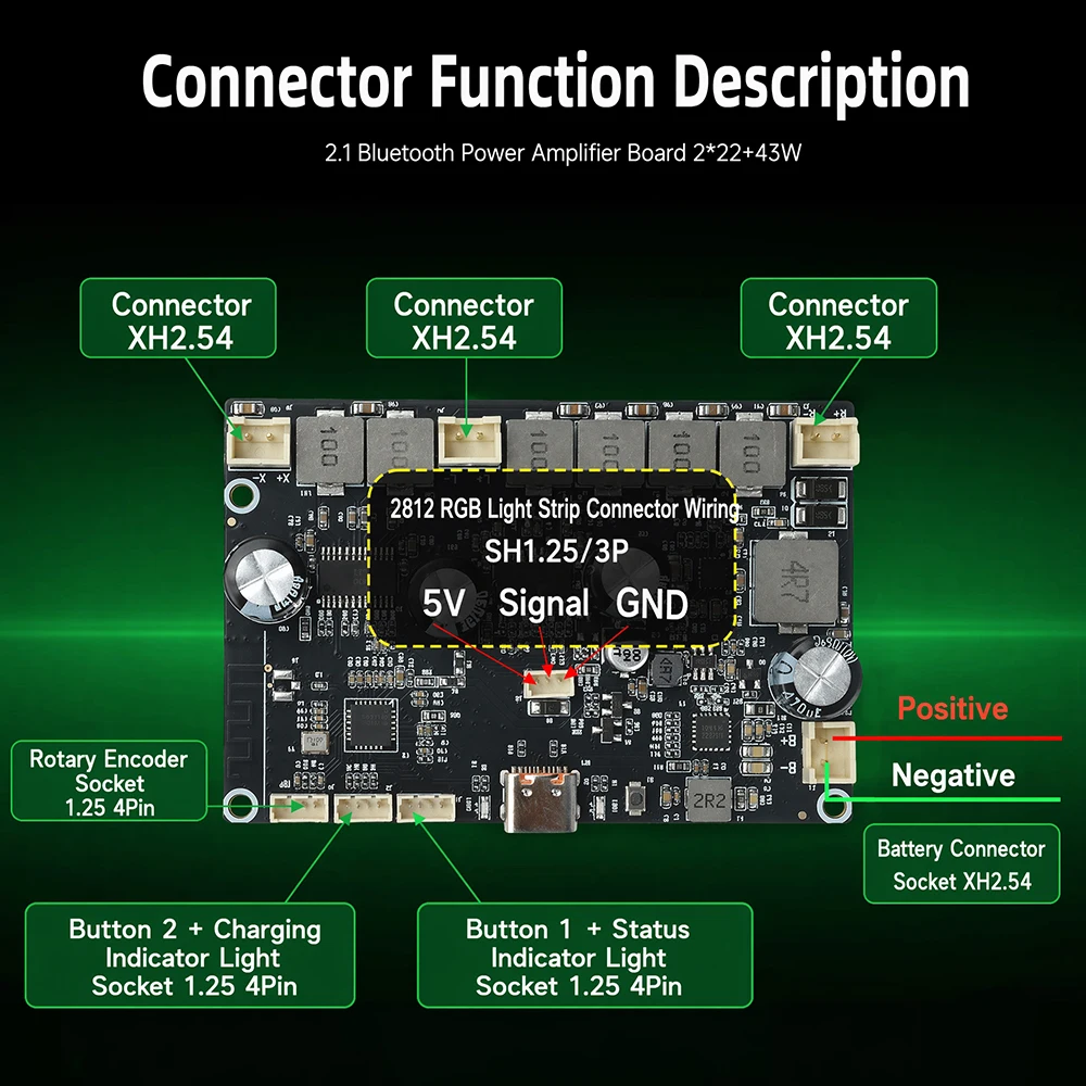 Bluetooth-Verstärkerplatine APP-Steuerbar 2.1-Kanal 2×22W+43W Bass Typ-C Ladeanschluss Audio-Verstärkerplatine für DIY-Lautsprecher – Detail 14