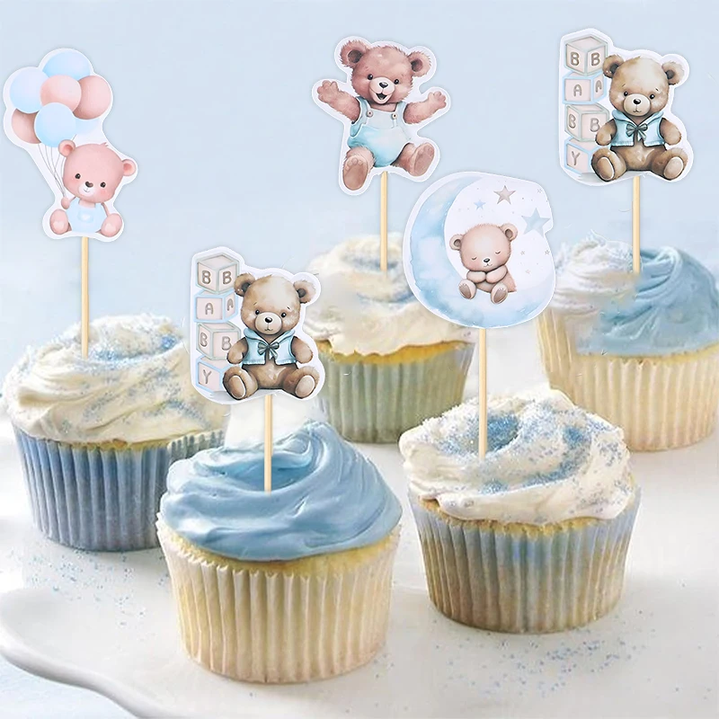 12/24 Stück Baby Bär Cartoon Cupcake Topper für Kinder Jungen Mädchen 1. Geburtstag Party Kuchen Dekoration Blau Rosa Babyparty Zubehör