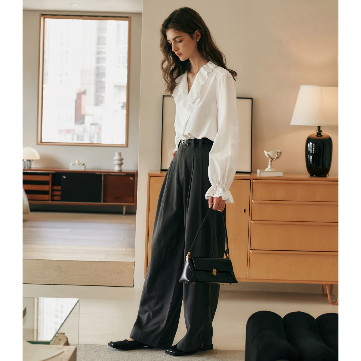 OLrain Ruffled V Neck Women Shirts 2025 Spring Summer Butterfly Sleeve Straight Solid Color Single Breasted Blouses M57CC95680
