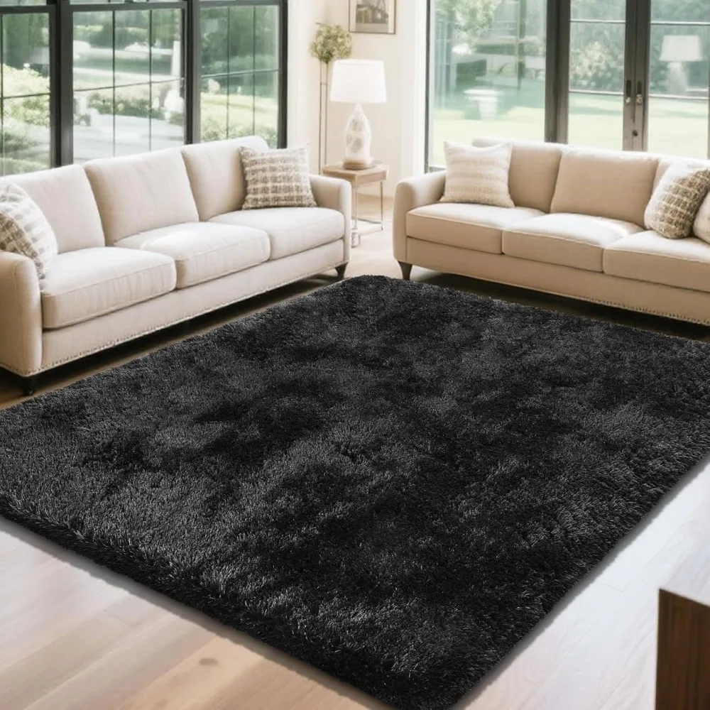 Fluffy Rug Shaggy Area Rug, Black 4x6 Area Rugs for Bedroom, Small Bedside Rug, Soft Fluffy Shaggy Entryway Throw Rugs