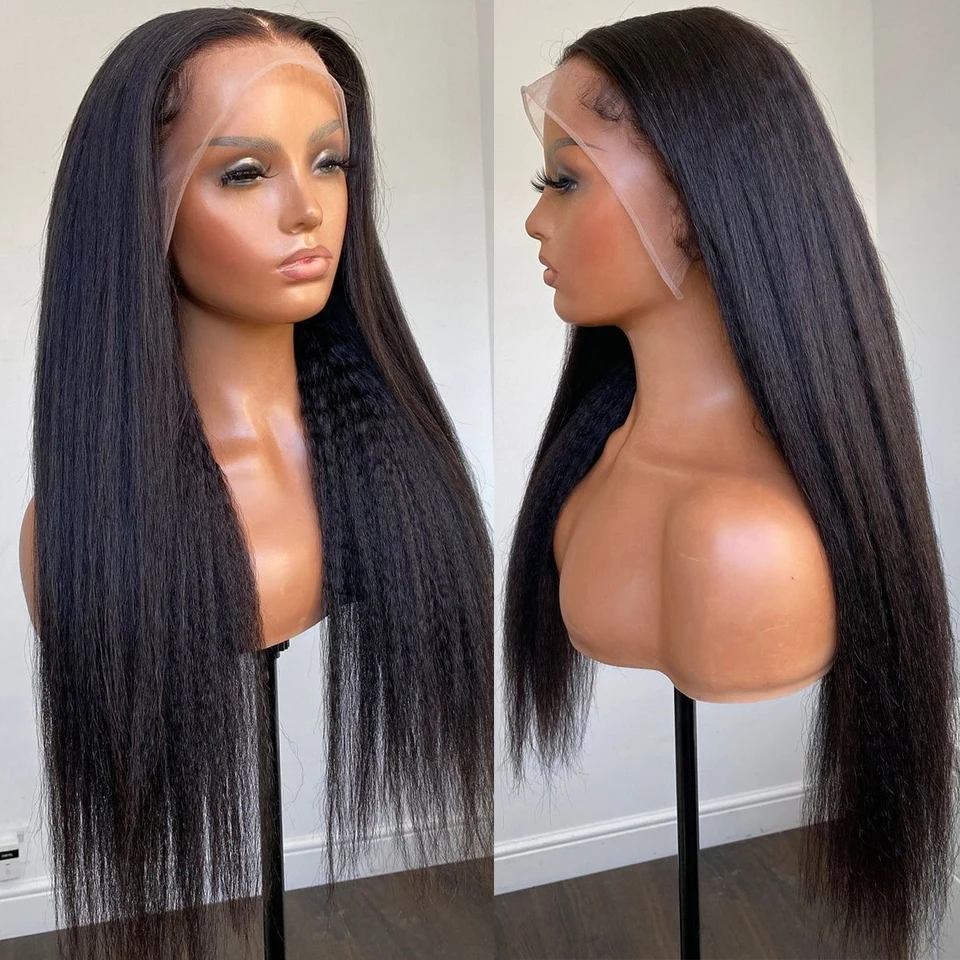 Natural Black Soft 28 inch 200% Density Long Yaki Kinky Straight Lace Front Wig For Women With Baby Hair Preplucked Glueless