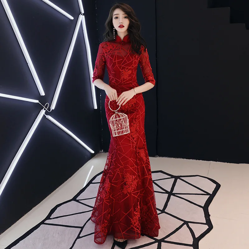 

Chinese Red Cheongsam Women Wedding Evening Dress Long Sleeve Female Slim Fishtail A-Line Long Dresses