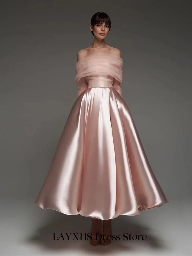 

LAYXHS Fashion Evening Dresses 2 In 1 Off Shoulder Long sleeves Tulle A-Line Pleat Prom Dresses Customized robes de soirée
