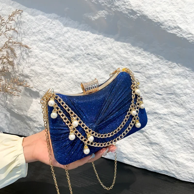 

2024 New Vintage Wrinkled bow Chain Shoulder Bag Crossbody For Women Pearl Chain Handbag Prom Party Dress Dinner Evening Bags