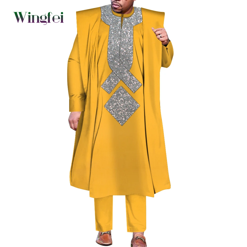 African Men Boubou Dashiki Agbada Robe Suits 3 Piece Sets Slim Men African Outfit Nigerian Clothes Bazin Riche Robe WYN1361