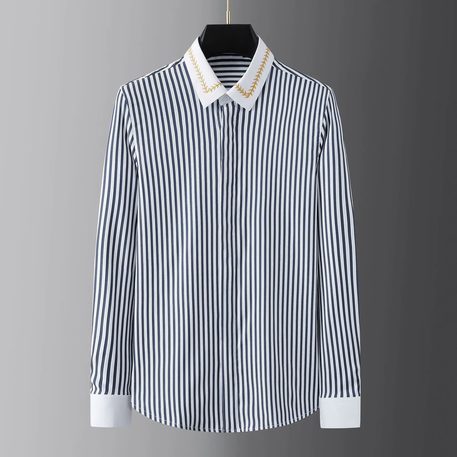 Blue and white striped color matching cuffs and collar embroidered men's long sleeved shirt, comfortable and non ironing