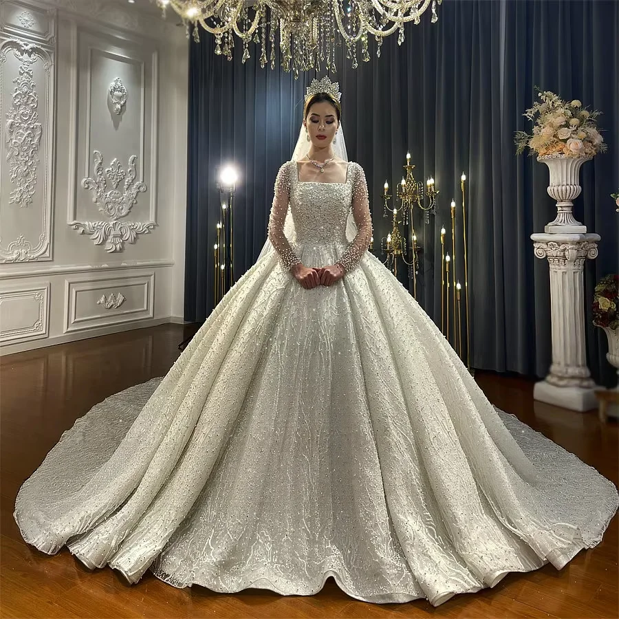 Customized Luxury Crystal Beaded Wedding Dress Square Neck ong Sleeves Sparkly Ball Gown Bridal Dress Amanda Novias Official