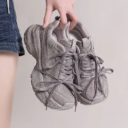 2025 New Women's Ins Super Fire Rhinestone Full Diamond Strap Casual Gray Niche Design Handsome Dad Shoes
