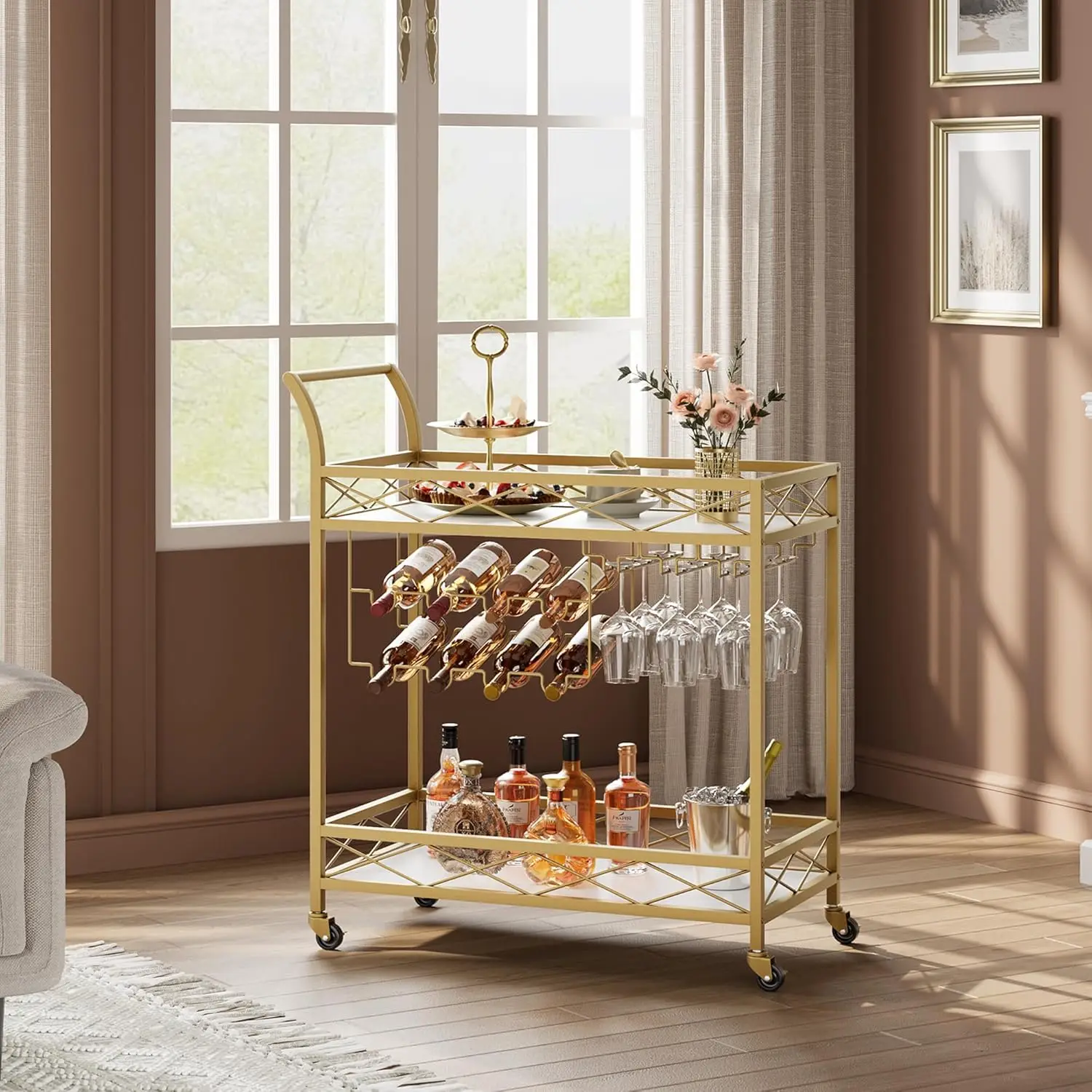 Bar Cart, 2 Tier Bar Carts for The Home, Bar Carts with 4 Wheels, White Marble Finish Wood Shelf, Wine Rack & Glass Holder