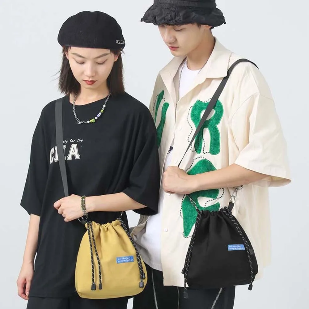 

Nylon Drawstring Bucket Bag Storage Casual Korean Style Shoulder Bag Portable Black/White/Yellow Men Crossbody Bag Female/Male