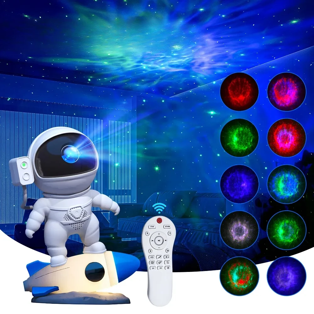 

Rocket Astronaut Star Projector APP& Remote Rocket Music Night Light with 8 Color LED Lamp 360° Adjustable Projector for Kids